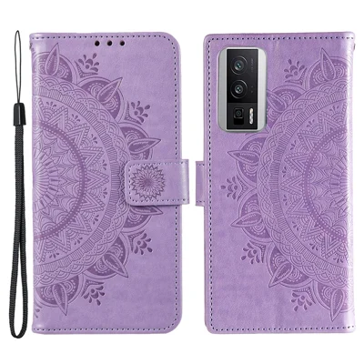 Telefoonhoesje met ingebrande mandala bloemenpatroon, portemonnee en standaard voor Xiaomi Poco F5 Pro 5G / Redmi K60 Pro 5G / K60 5G - Paars