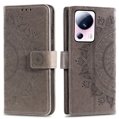 Für Xiaomi 13 Lite / Civi 2 5G Geprägtes Mandala-Blumenmuster Ledertelefonetui Brieftasche Ständer Handyhülle mit Gurt – Grau
