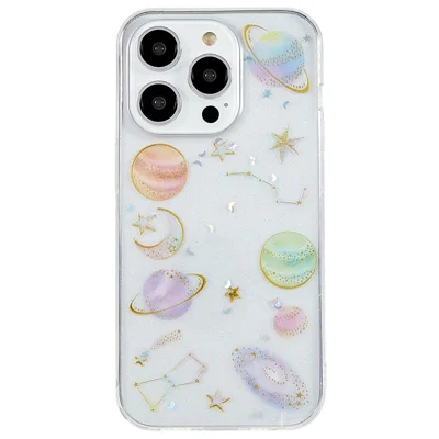 For iPhone 14 Pro Max Epoxy Mobile Phone Case Star Planet Pattern Soft TPU Shockproof Back Cover - White