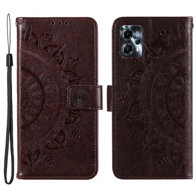 Leather Phone Case for Motorola Moto G13 4G / G23 4G, Imprinted Mandala Flower Pattern Wallet Stand Phone Cover with Strap - Brown