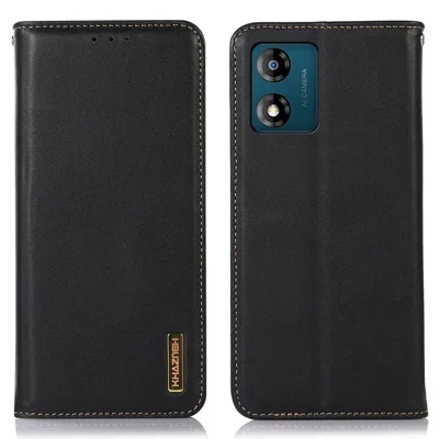 KHAZNEH Phone Case für Motorola Moto E13 4G, Nappa-Textur echtes Rindsleder Handy-Brieftaschen-Schutzhülle mit Ständer - Schwarz