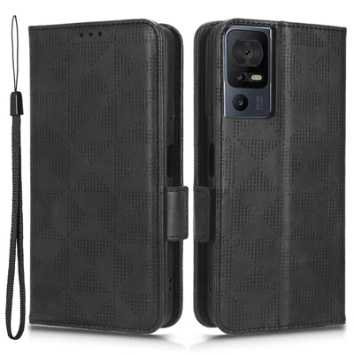 For TCL 40 SE Dustproof Cell Phone Case PU Leather Imprinted Triangle Pattern Stand Phone Cover Wallet - Black