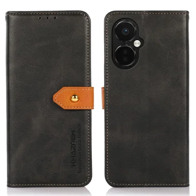 KHAZNEH For OnePlus Nord CE 3 Lite 5G / Nord N30 5G Cowhide Texture Cell Phone Case PU Leather Gold Buckle Stand Wallet Cover - Black