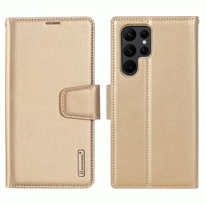 HANMAN Mill Series PU Leather Case for Samsung Galaxy S23 Ultra , Magnetic Flip Stand Wallet Phone Cover - Gold