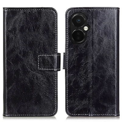 Coque de protection pour OnePlus Nord CE 3 Lite 5G / Nord N30 5G avec support et portefeuille en cuir PU rétro motif cheval sauvage - Noir