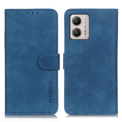 KHAZNEH For Motorola Moto G53 5G Shockproof Phone Case Retro Texture PU Leather Wallet Stand Protective Cell Phone Cover - Blue