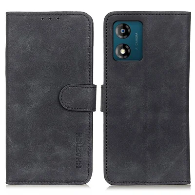 KHAZNEH Für Motorola Moto E13 4G Stoßfestes Handyhülle Retro-Textur Flip Leder Brieftasche Ständer Kratzfeste Handyhülle - Schwarz