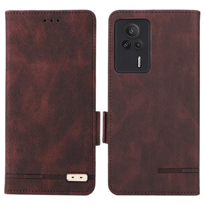 For Xiaomi Redmi K60E 5G PU Leather Wallet Phone Case Hardware Decor Stand Flip Cell Phone Cover - Coffee