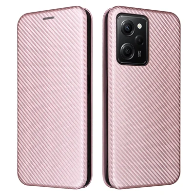 For Xiaomi Redmi Note 12 Pro Speed 5G / Note 12 Pro 5G / Poco X5 Pro 5G Phone Case PU Leather Carbon Fiber Texture Stand Card Slot Phone Cover - Rose Gold
