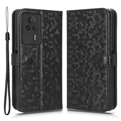 Anti-Drop-Lederhandy-Hülle für Xiaomi Redmi K60E 5G, Gepunktetes Muster mit Geldbörse und Ständer, schützende Handyhülle - Schwarz