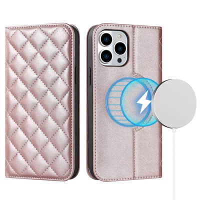For iPhone 12 / 12 Pro 6.1 inch Magnetic Phone Case RFID Blocking PU Leather Card Holder Stand Cover Compatible with MagSafe - Rose Gold