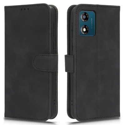 Leder-Handyhülle für Motorola Moto E13 4G, hautfreundliche stoßfeste Flip-Handy-Schutzhülle mit Ständer und Brieftasche - Schwarz
