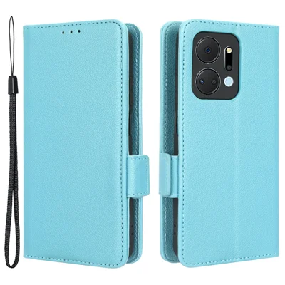 Lederen telefoonhoesje voor Honor X7a 5G / Play7T 5G, portemonnee staande hoes met lycheestructuur, stootvaste fliphoes - Babyblauw