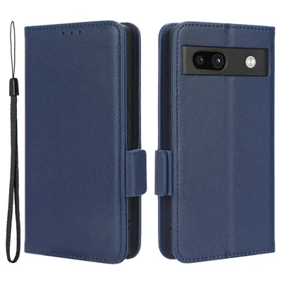 Cell Phone Cover For Google Pixel 7a , Wallet Stand Litchi Texture PU Leather Anti-fall Flip Phone Case - Dark Blue