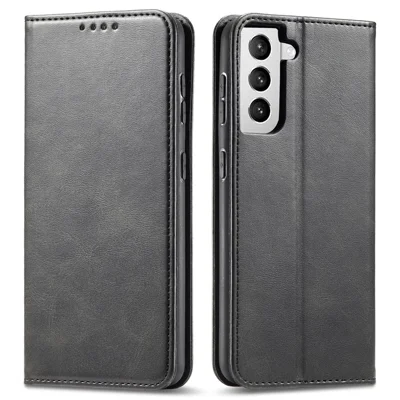 For Samsung Galaxy S21+ 5G Anti-drop Phone Case Stand Calf Texture Flip Phone Cover Card Holder - Black
