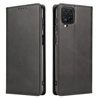 Für Samsung Galaxy A12 Flip Leder Handy Wallet Case Ständer Kalbsleder Textur Magnetischer Schützender Telefonhülle - Schwarz