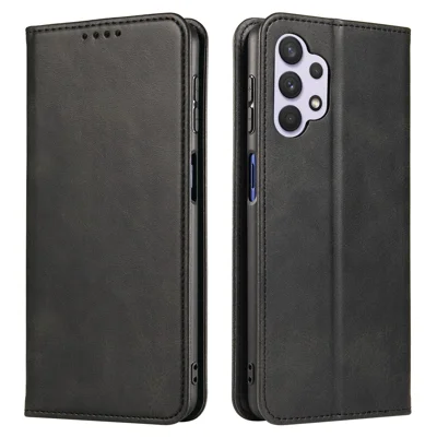Voor Samsung Galaxy A32 4G (EU-versie) Magnetisch Leren Telefoonhoesje met Standfunctie en Portemonnee Kalfsstructuur Krasbestendig Hoesje met Kaarthouder - Zwart