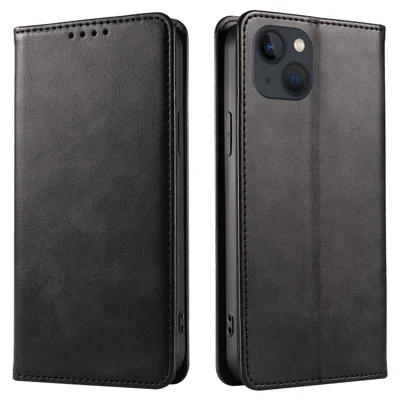 For iPhone 13 6.1 inch Leather Stand Phone Case Calf Texture Wallet Magnetic Cell Phone Cover - Black