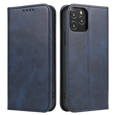 For iPhone 11 Pro Max 6.5 inch Calf Texture Phone Shell Wallet Phone Cover Auto-absorbed Leather Stand Case - Blue