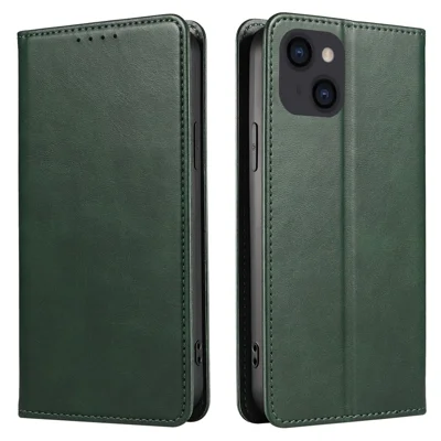 For iPhone 14 Plus Wallet Phone Cover Calf Texture Auto-absorbed Magnetic Leather Stand Phone Case - Green
