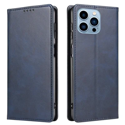 Flip Phone Case Wallet for iPhone 13 Pro Max 6.7 inch , Magnetic Leather Stand Calf Texture Cover - Blue