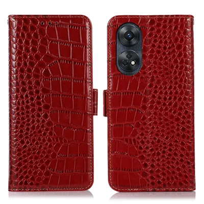 Phone Wallet Case for Oppo Reno8 T 4G RFID Blocking Stand Genuine Cowhide Leather Phone Cover - Red