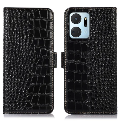 Genuine Cowhide Leather Phone Case for Honor X7a 4G RFID Blocking Wallet Stand Phone Cover - Black