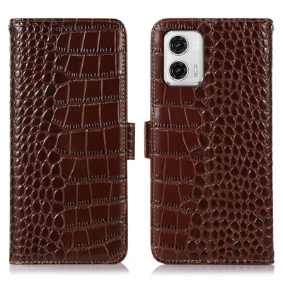Phone Stand Case for Motorola Moto G73 5G RFID Blocking Genuine Cowhide Leather Wallet Phone Cover - Brown