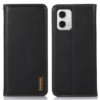 KHAZNEH Handyhülle für Motorola Moto G73 5G RFID-blockierendes Wallet-Ständer-Echtes Rindsleder-Handyhülle - Schwarz
