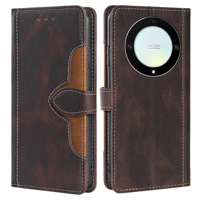 For Honor X40 5G Shockproof Phone Stand Cover Straw Hat Design PU Leather Wallet Case - Brown
