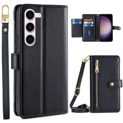Zipper Pocket Phone Case for Samsung Galaxy S23 Card Slots Stand PU Leather Phone Cover with Straps - Black
