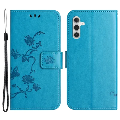 For Samsung Galaxy A24 4G (162.1 x 77.6 x 8.3mm) Imprinted Butterfly Flower Phone Case PU Leather Wallet Stand Phone Cover with Strap - Blue