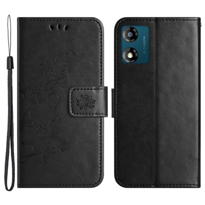 Folia do Motorola Moto E13 4G z syntetycznej skóry PU z motywem motyli i kwiatów, magnetyczna obudowa z uchwytem, podstawką i portfelem - Czarny