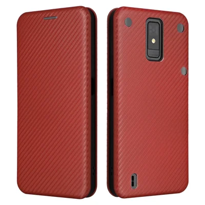 For ZTE Blade A32 Card Slot Phone Case Magnetic Auto-absorbed Carbon Fiber Texture PU Leather Stand Flip Cover - Brown