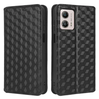 For Motorola Moto G53 5G Phone Case Imprinted Rhombus Pattern PU Leather Wallet Stand Cover - Black