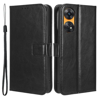 Phone Leather Case for Oppo Reno8 T 4G Wallet Stand Crazy Horse Texture Phone Cover - Black
