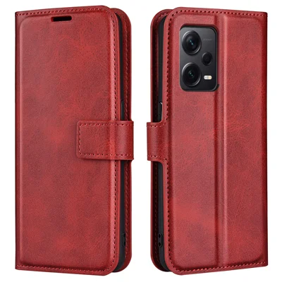 For Xiaomi Redmi Note 12 Pro+ 5G Phone Case Calf Texture Stand Wallet Cover - Red