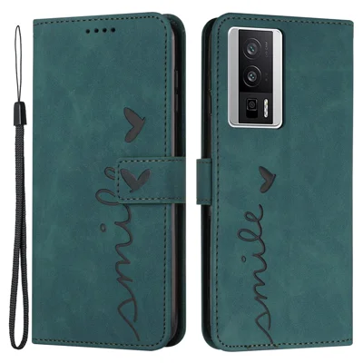 For Xiaomi Poco F5 Pro 5G / Redmi K60 Pro 5G / K60 5G Phone Stand Case PU Leather Imprinted Heart Shape Wallet Phone Cover with Strap - Green