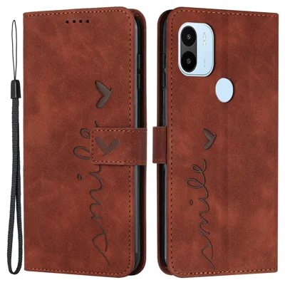 Til Xiaomi Redmi A1+ 4G / A2+ 4G / Poco C50 4G PU-læder telefonwallet case med hjertemønster standtelefonbeslag med rem - Brun