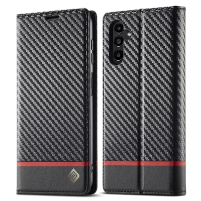LC.IMEEKE for Samsung Galaxy A14 4G / 5G Carbon Fiber Texture Anti-drop Phone Case Leather Wallet Stand Phone Cover - Horizontal Stripe