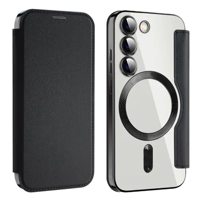 Magnetic Phone Case for Samsung Galaxy S23 , PU Leather+TPU Clear RFID Blocking Flip Cover with Lens Film - Black