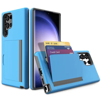 For Samsung Galaxy S23 Ultra Back Case, Card Slot Anti-drop TPU+PC Phone Cover with Kickstand - Blue