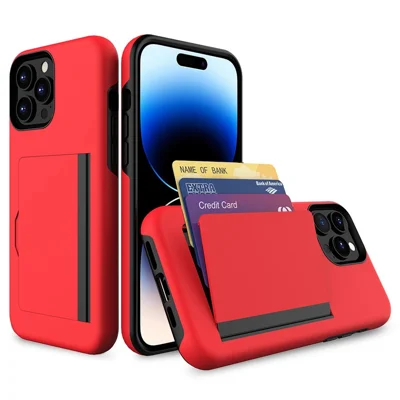 For iPhone 14 Pro Shockproof Back Case, Card Slot TPU+PC Phone Cover with Kickstand - Red