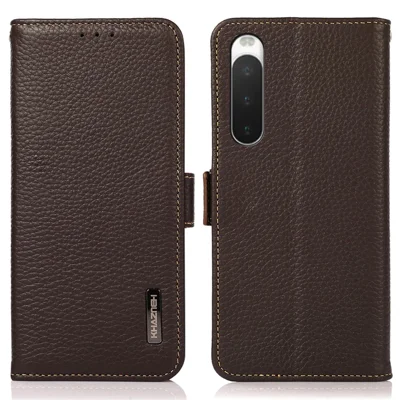 KHAZNEH For Sony Xperia 10 V Stand Wallet Phone Case RFID Blocking Genuine Cow Leather Phone Cover - Brown