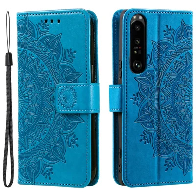 Voor Sony Xperia 1 V Mandala Bloemenpatroon Leren Hoesje Flip Portemonnee Stand Cover - Blauw