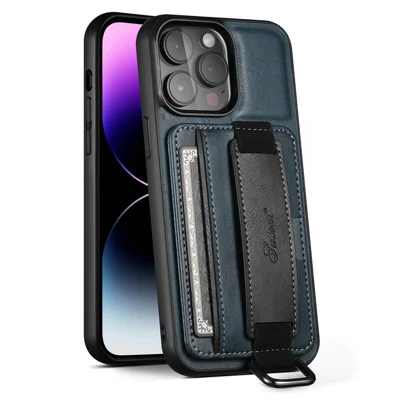 SUTENI H13 Phone Kickstand Case with Hand Strap for iPhone 14 Pro Max Card Holder Leather Coated PC + TPU Cover - Blue