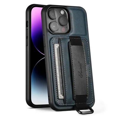 SUTENI H13 Standhoesje voor iPhone 14 Pro met Leren Coating van PC + TPU met Kaartslots en Handvanger - Blauw