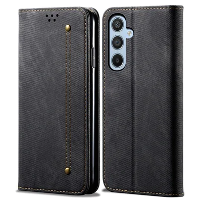 Obudowa chroniąca przed upadkiem na telefon Samsung Galaxy A24 4G (162,1 x 77,6 x 8,3 mm), czarna skórzana obudowa typu flip z tkaniną jeansową, uchwytem i portfelem