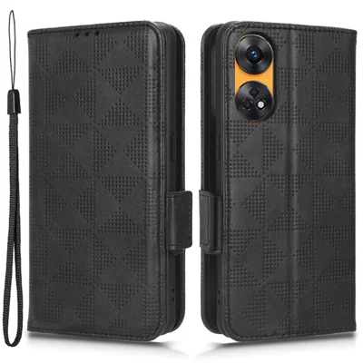 For Oppo Reno8 T 4G Wallet Stand Protective Cover Imprinted Triangle Pattern Phone Case - Black