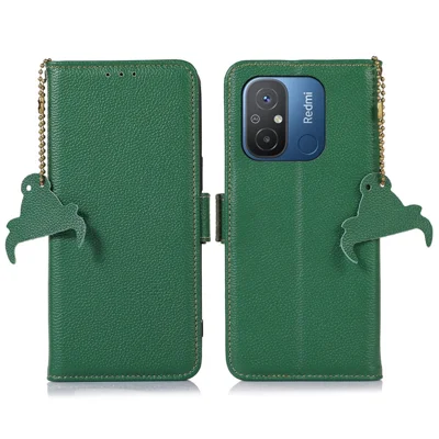 Für Xiaomi Poco C55 4G / Redmi 11A 4G / Redmi 12C 4G Echtleder-Handyhülle RFID-Blocking Wallet Phone Stand Cover - Grün
